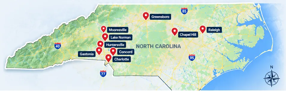 North Carolina service area map showing Charlotte, Concord, Gastonia, Huntersville, Lake Norman, Mooresville, Greensboro, Raleigh and Chapel Hill