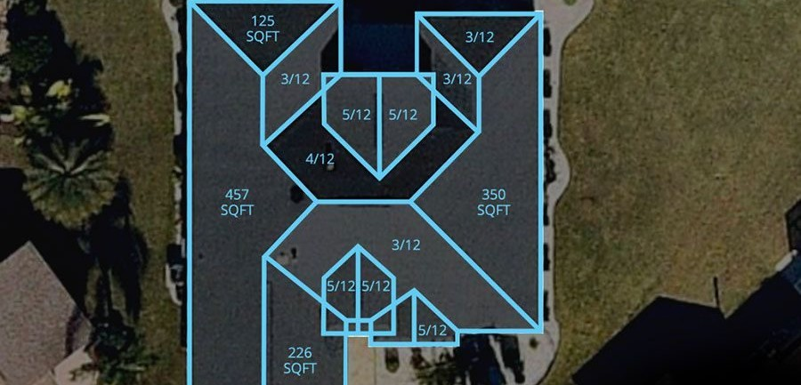 Satellite roof measurement imagery showing roof areas and pitch measurements
